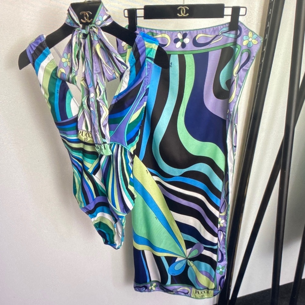 Emilio Pucci Teal, Blue & Purple Halter One-Piece Swimsuit